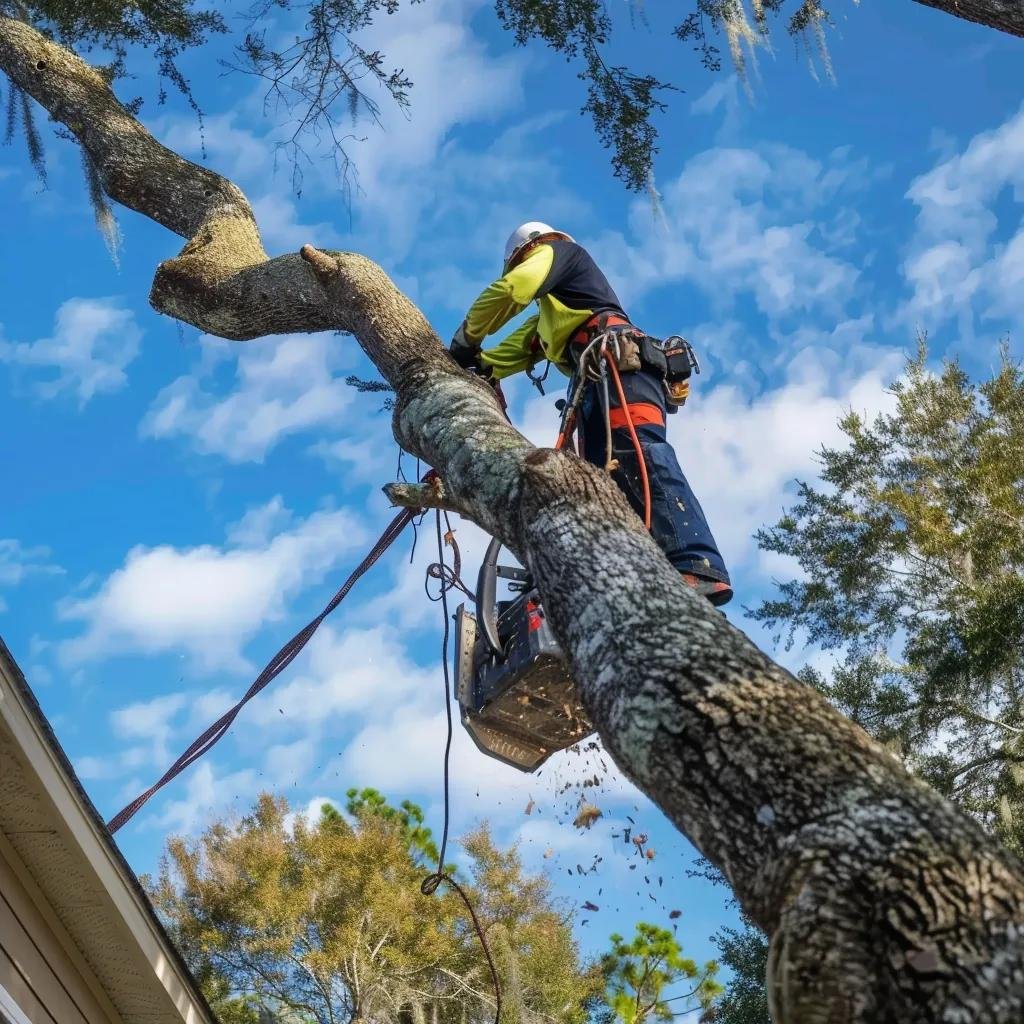 Professional arborist removing a tree in Ocala, showcasing safe tree removal practices