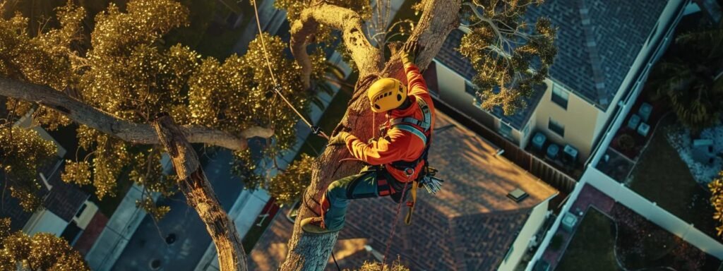 a skilled arborist in safety gear expertly fells a towering tree in a busy suburban neighborhood, surrounded by residential homes and the equipment of a professional tree service, emphasizing the urgency and reliability of local emergency tree services in central florida.