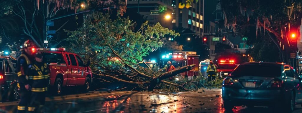 a bustling urban emergency response scene showcases ocala tree pros' certified arborists actively using advanced equipment to safely manage fallen tree debris amidst a dynamic city backdrop, highlighting their swift and reliable service.