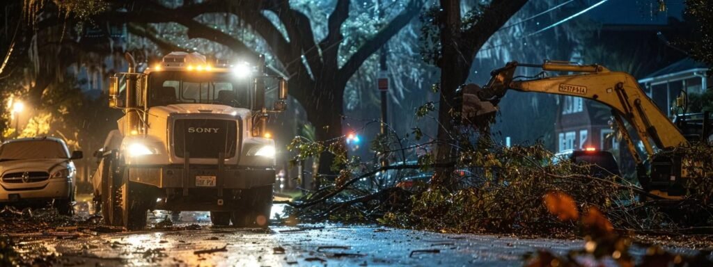 a bustling urban scene depicts ocala tree pros efficiently managing storm damage cleanup with heavy-duty chippers and specialized trucks swiftly clearing a debris-laden property under bright overhead lights, showcasing their organized approach to restoring safety.