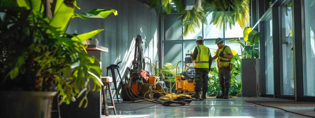 a dynamic scene inside a modern urban office shows certified arborists in safety gear operating advanced machinery for emergency tree removal, highlighted by detailed risk assessment documentation and a focused teamwork atmosphere.