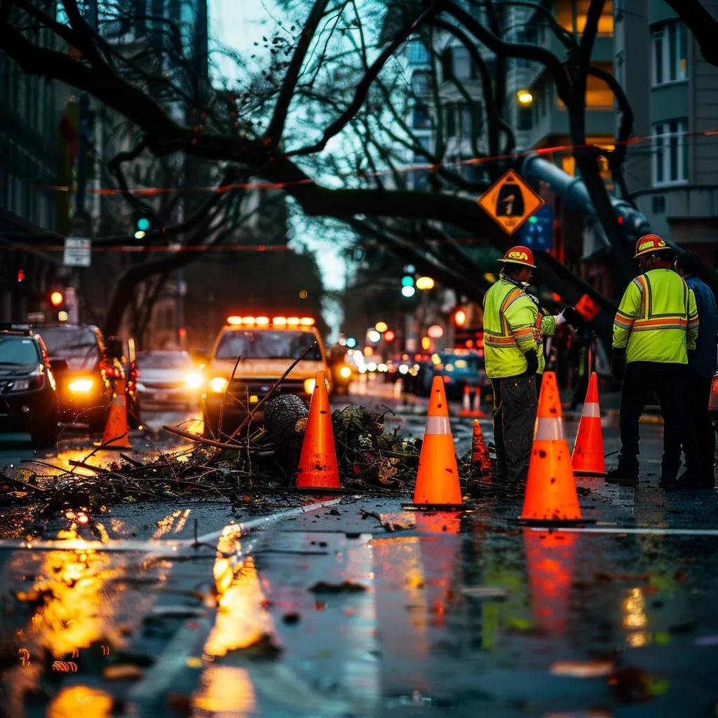 a professional emergency response team in bright safety vests assesses a fallen tree hazard in an urban street, surrounded by traffic cones and emergency vehicles, highlighting the importance of swift tree care services for public safety.