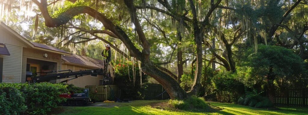 a professional tree trimming service team works methodically in a well-maintained urban yard in ocala, showcasing their expertise with precision equipment against a backdrop of neatly shaped trees.