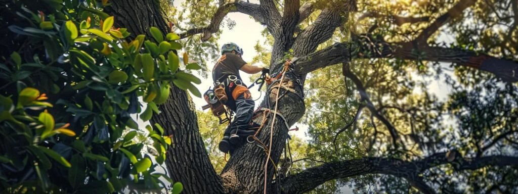 a professional tree service team, equipped with safety gear, diligently uses advanced equipment in a well-organized ocala residential yard, showcasing meticulous care to protect the surrounding property during the operation.