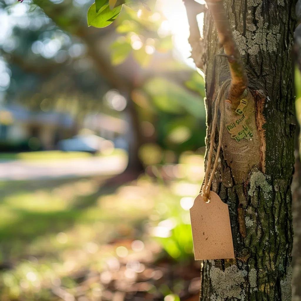 Close-up of a tree with a price tag, representing tree removal costs in Ocala