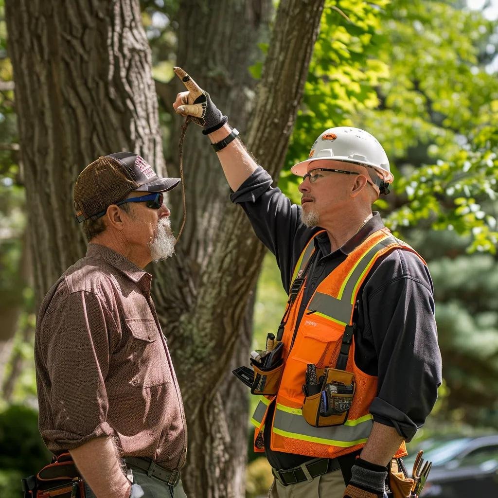 Arborist consulting with a homeowner about tree health and removal options