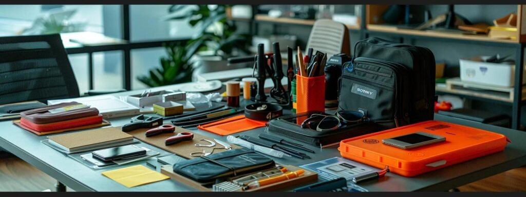 a modern office workspace showcases a meticulously organized emergency preparedness kit on a sleek table, with various essential tools and supplies neatly arranged, emphasizing the importance of tailored safety solutions for urban households.