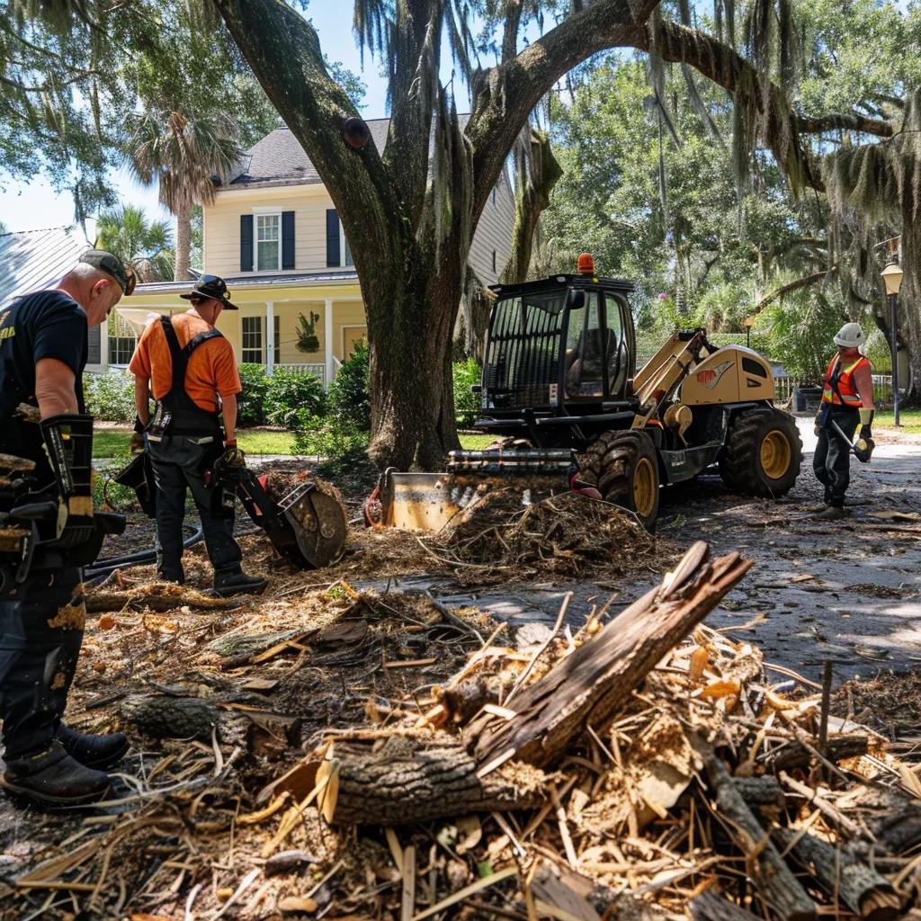 Tree service team managing debris with wood chipper after tree removal in Ocala