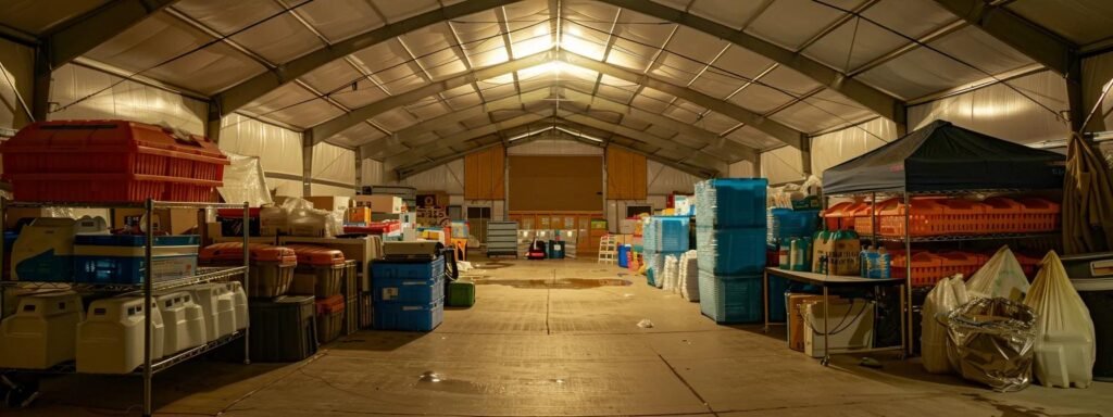 a well-organized emergency supply station inside a sturdy urban shelter, showcasing essential sanitation and shelter supplies such as portable toilets, hygiene kits, and emergency blankets, illuminated by bright overhead lights, emphasizing preparedness against storm-related challenges.