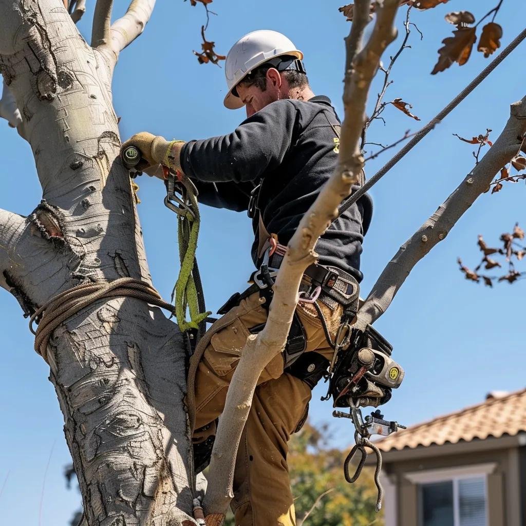 Professional arborist safely removing a tree with specialized equipment in a residential yard