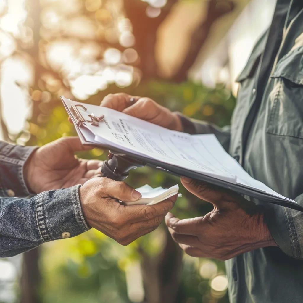 Homeowner reviewing a Certificate of Insurance with a tree service contractor, emphasizing the verification process