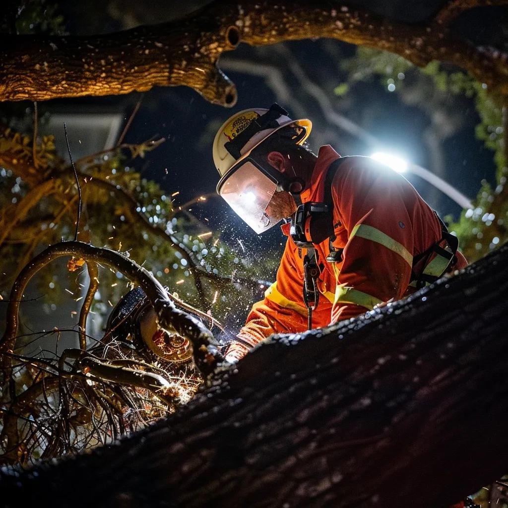 Emergency tree trimming crew working at night to remove fallen branches in Ocala