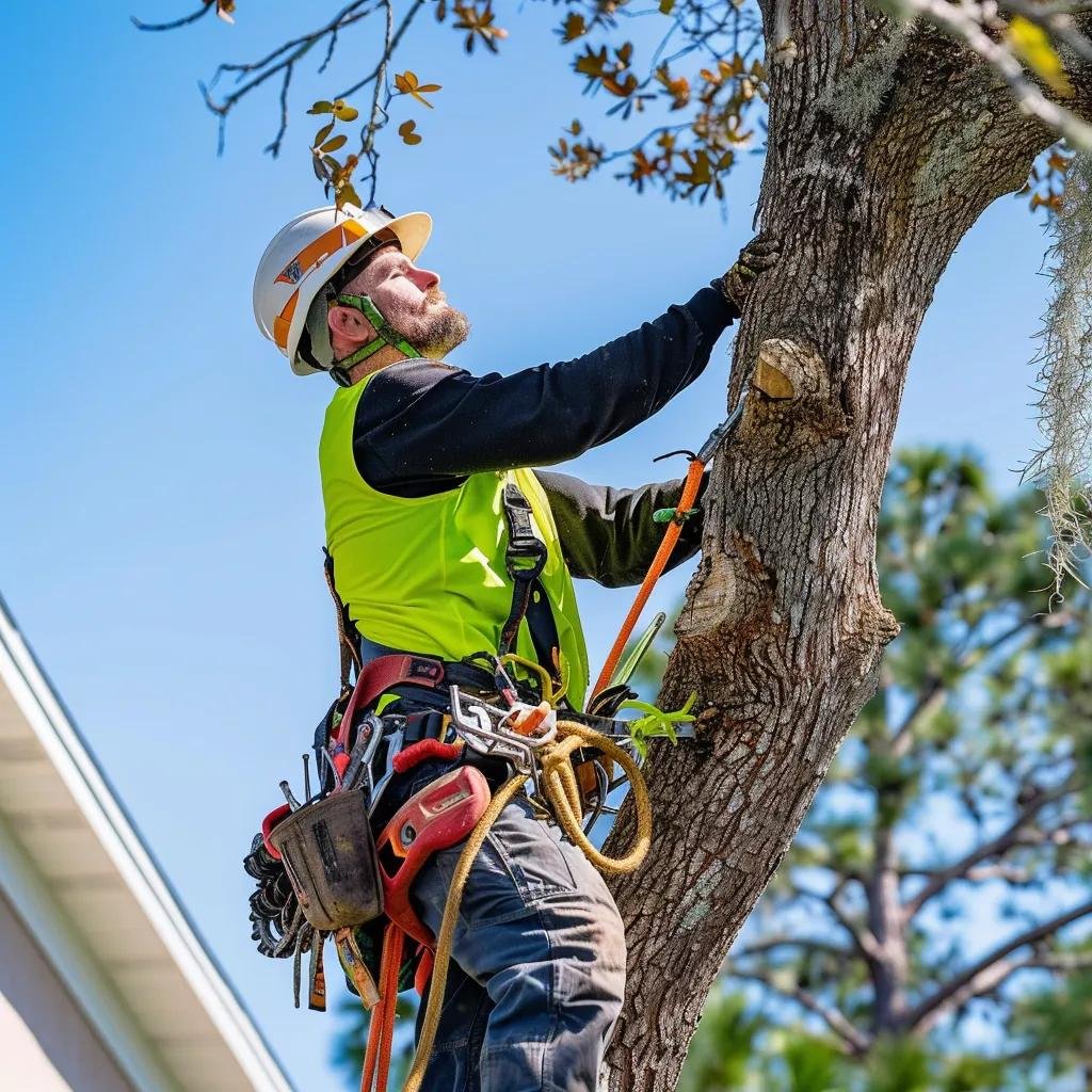 Professional arborist removing a tree in Ocala, showcasing safety and expertise