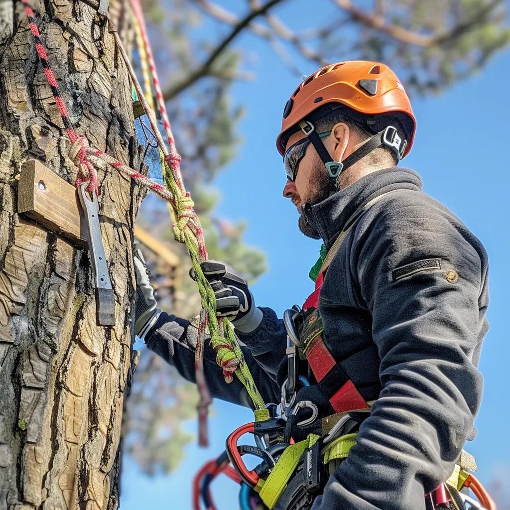 Tree service provider inspecting a tree with safety gear, emphasizing the importance of insurance coverage