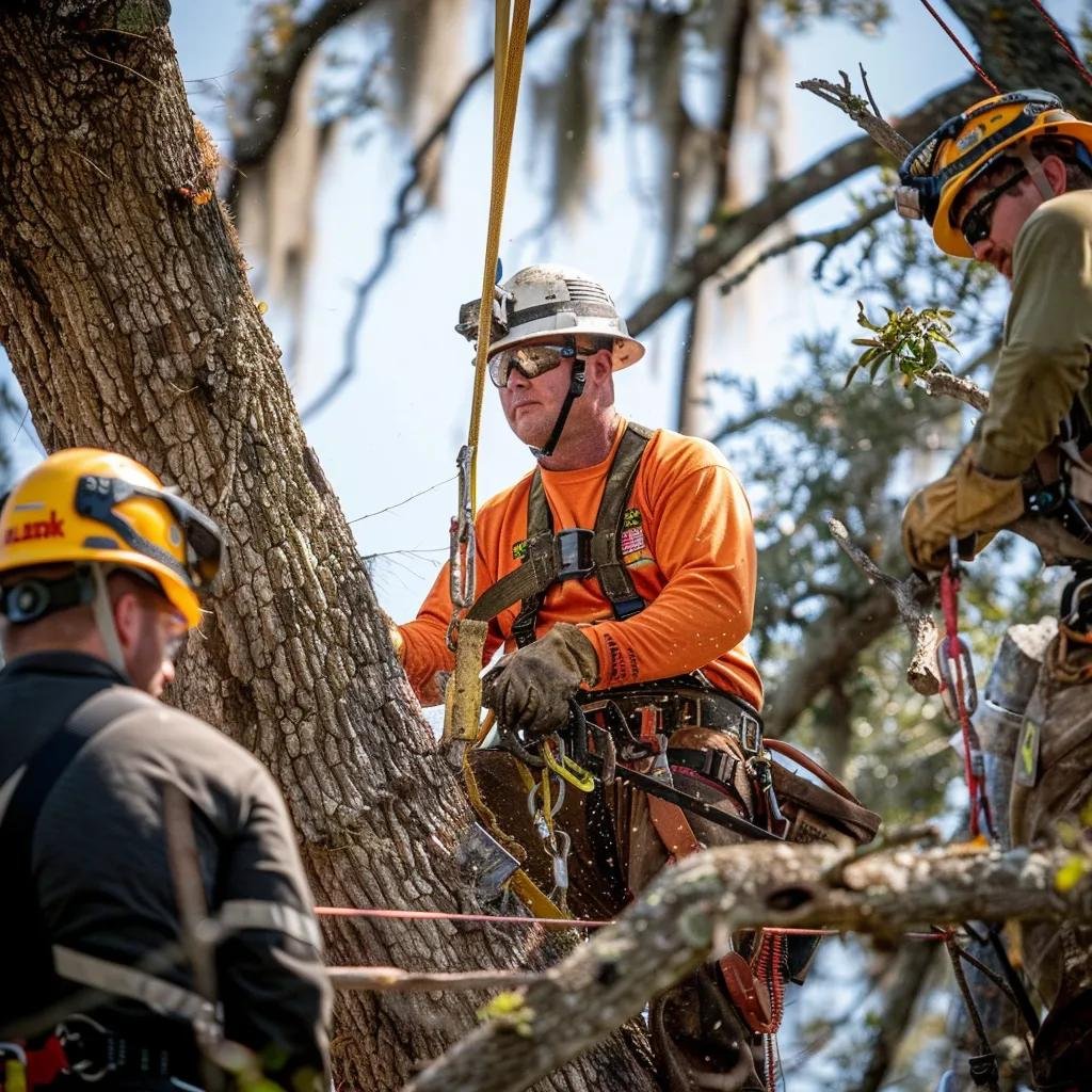Tree removal team in Ocala demonstrating safety protocols with PPE and rigging gear