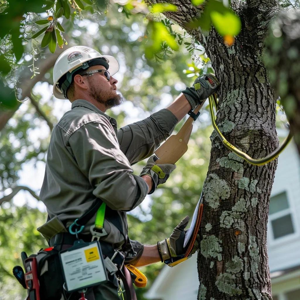 Tree service professional inspecting a large tree in Ocala, highlighting the importance of tree preservation and permits
