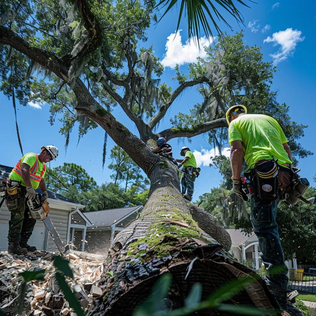Tree removal crew safely removing a large tree in Ocala, showcasing professional tree care services