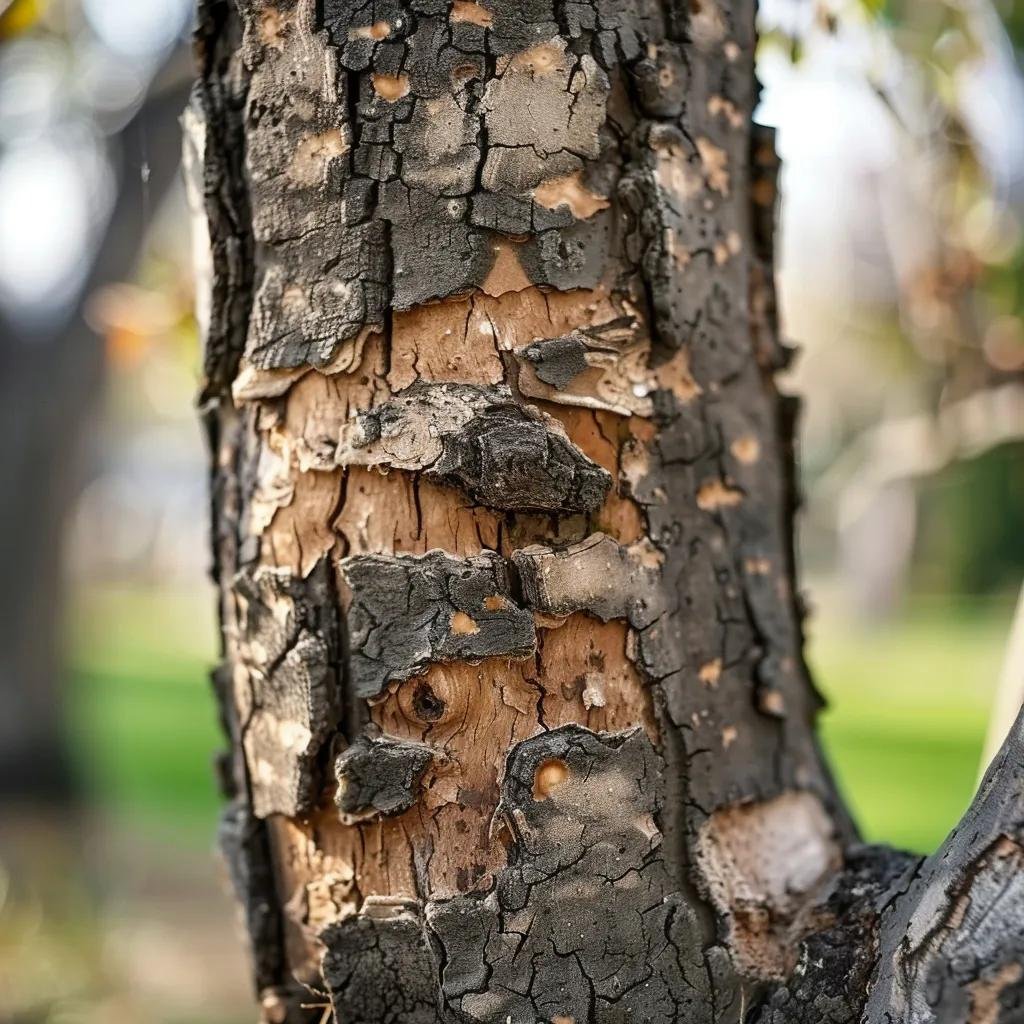 Close-up of a diseased tree trunk showing wilting leaves and fungal growth, emphasizing disease symptoms