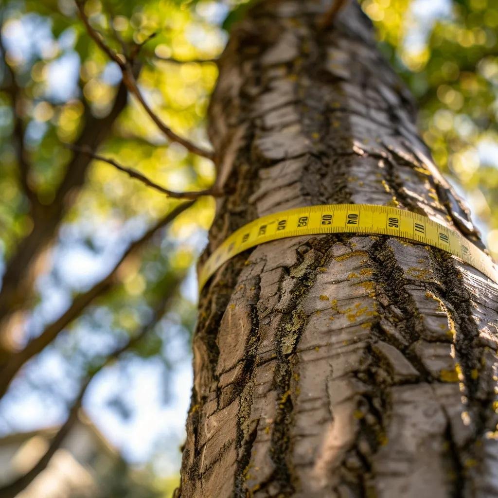 Close-up of a tree trunk with a measuring tape, illustrating the criteria for tree removal permits in Ocala