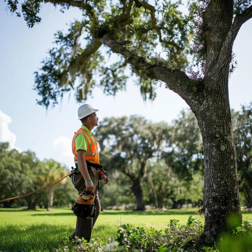 Healthy trees in Ocala with an arborist inspecting foliage, representing tree health management