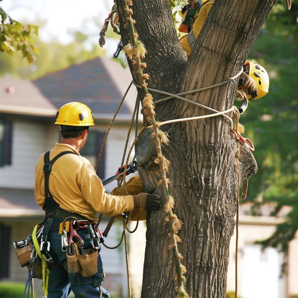 Tree service crew working safely with harnesses and safety equipment, highlighting worker's compensation