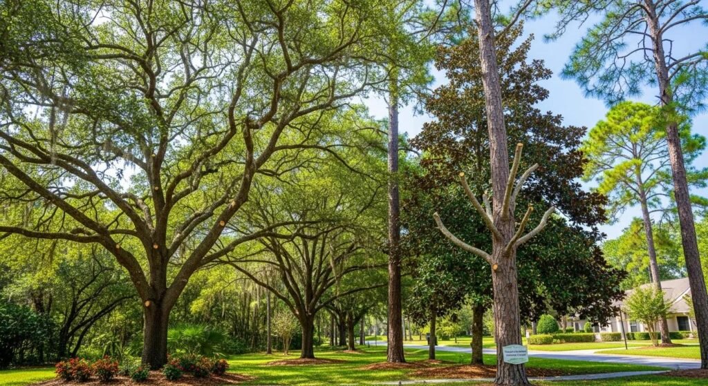 Lush green trees in Ocala landscape, featuring live oaks and magnolias, illustrating essential tree maintenance for healthy growth and property value.