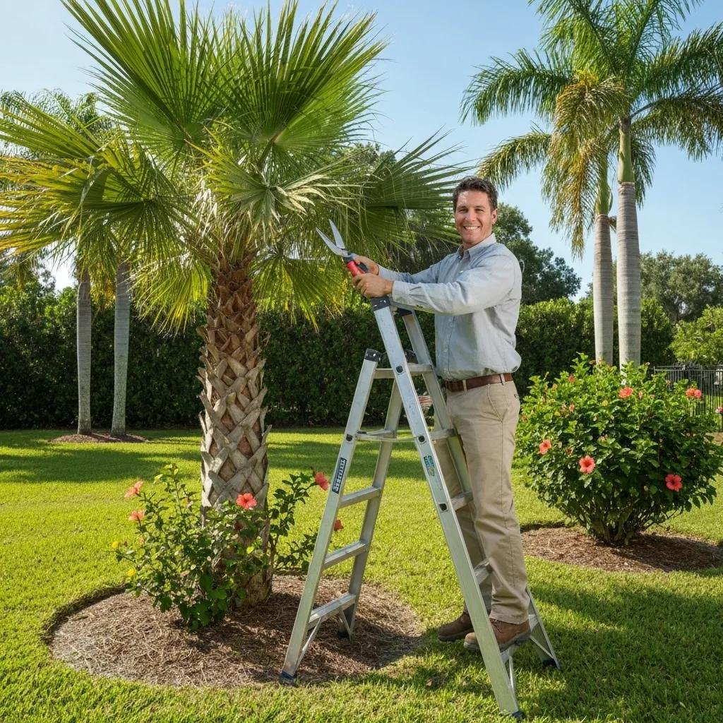 Homeowner pruning a palm tree using proper techniques in a well-maintained Ocala garden, showcasing seasonal tree care practices.