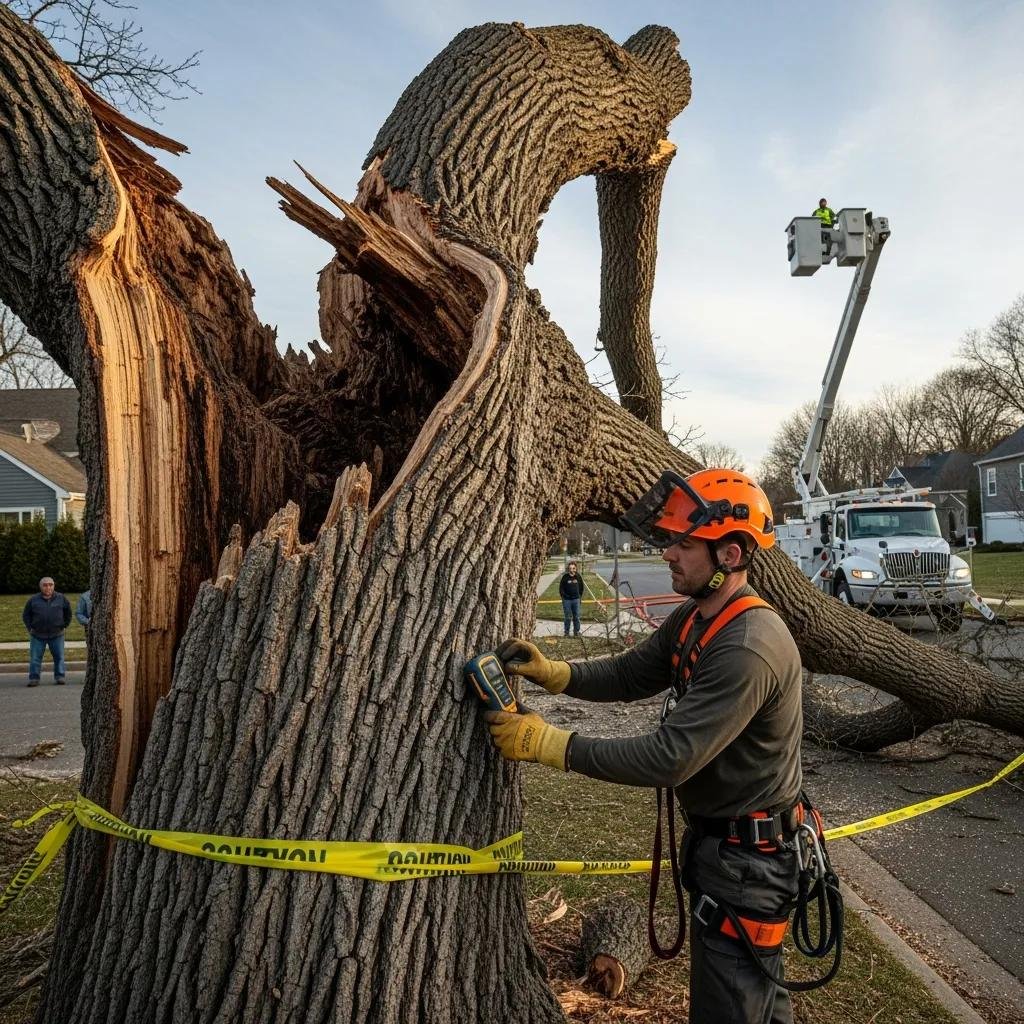 Arborist assessing a damaged tree with visible cracks and leaning, using diagnostic equipment, emergency tree support context, caution tape surrounding the area.