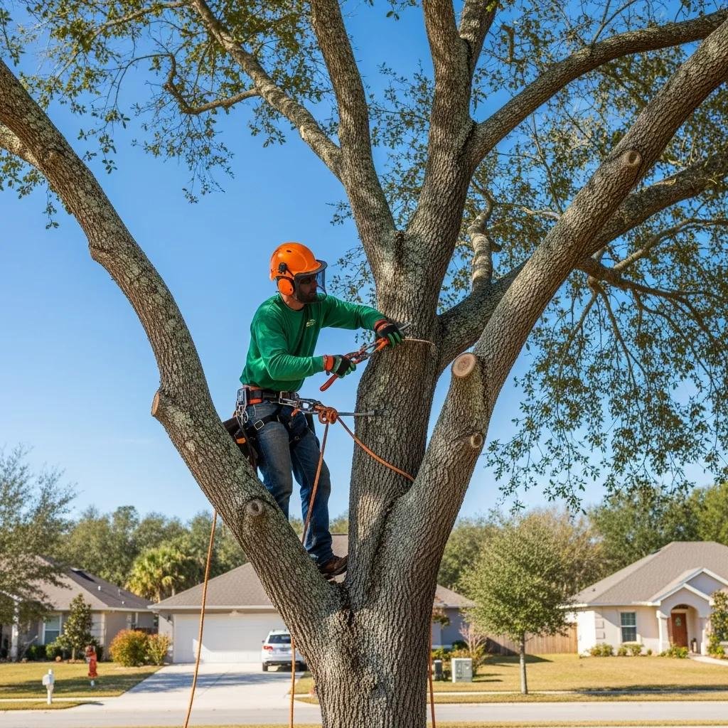 Arborist performing crown reduction on a tree in Ocala, showcasing professional tree care services for urban environments.