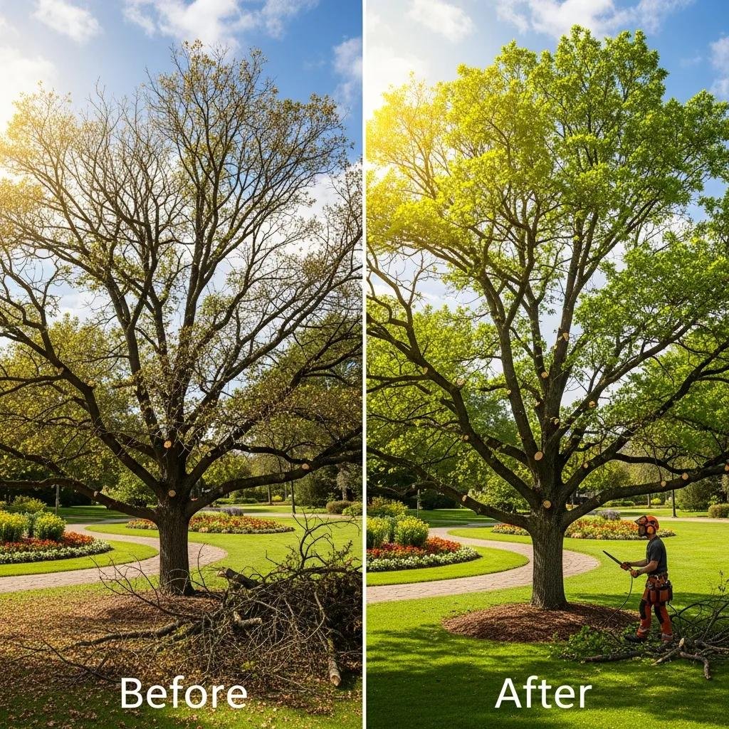 Before and after comparison of tree pruning, showcasing a healthy, lush tree on the right with vibrant green leaves and a professional arborist pruning the tree, contrasted with the bare branches and debris on the left, illustrating the aesthetic and health benefits of tree care.