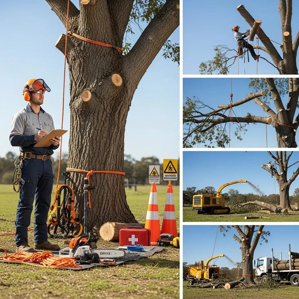 Certified arborist assessing tree condition for removal, safety equipment, tree cutting tools, and wood chipper in Silver Springs Shores.