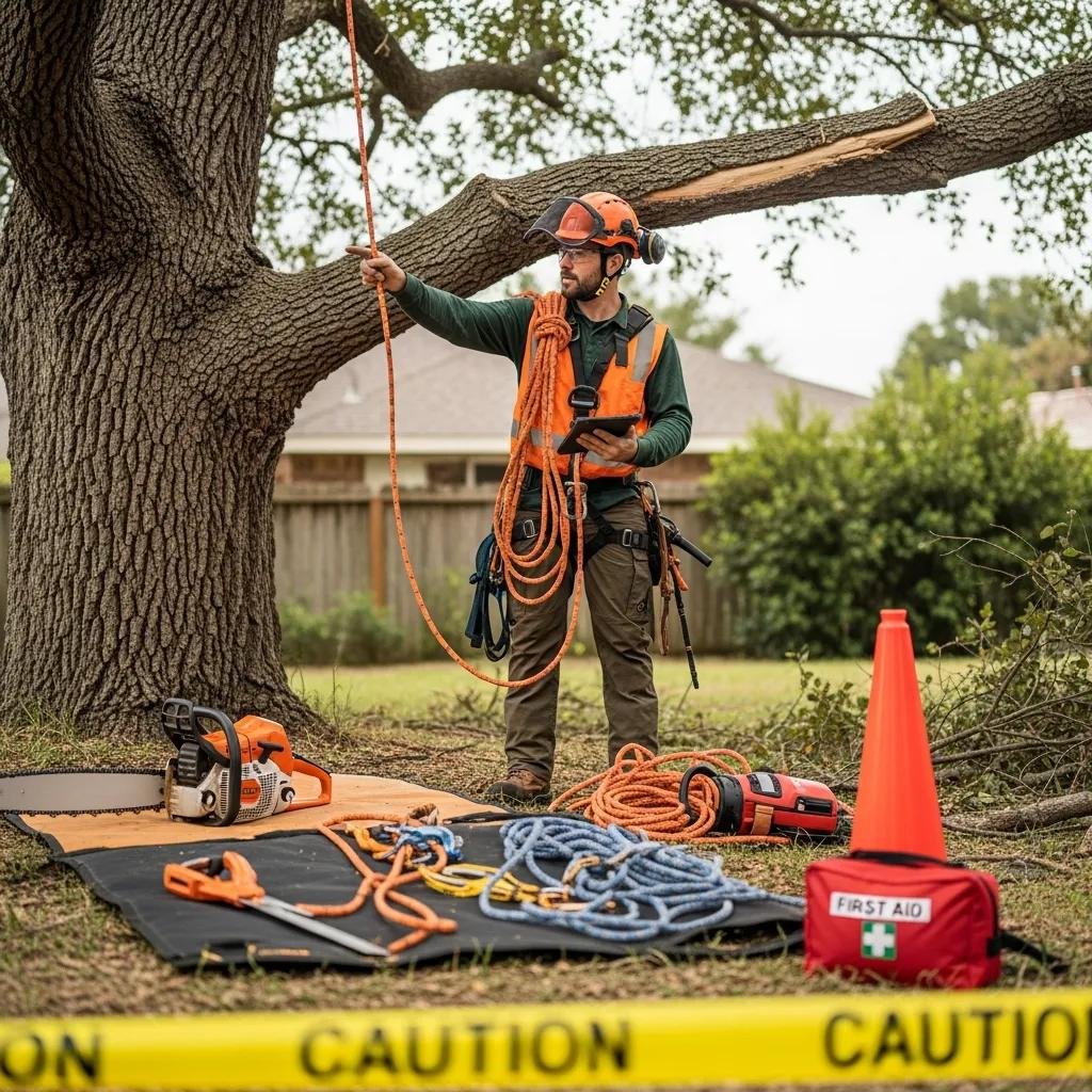 Certified arborist in safety gear assessing tree for emergency removal, with tools and first aid kit visible, emphasizing safety protocols in tree service operations.