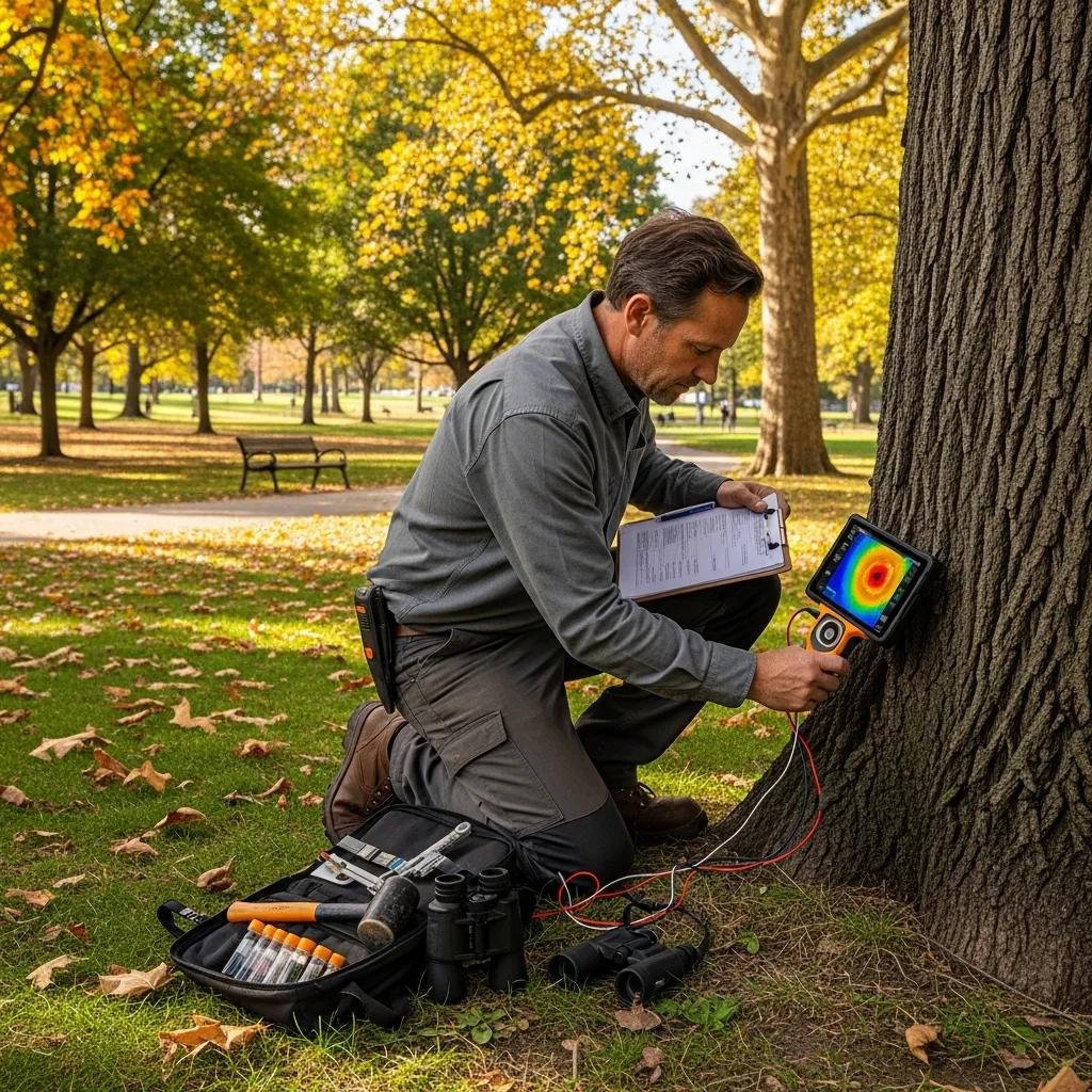 Certified arborist conducting a tree health assessment in a park setting