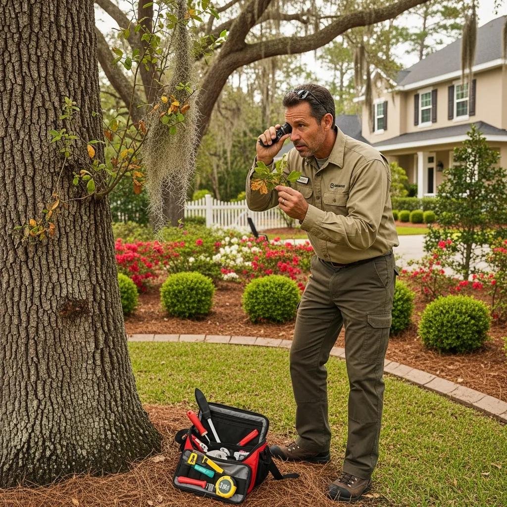 Certified arborist inspecting distressed tree leaves for signs of disease, with tools and equipment nearby, in a landscaped yard.
