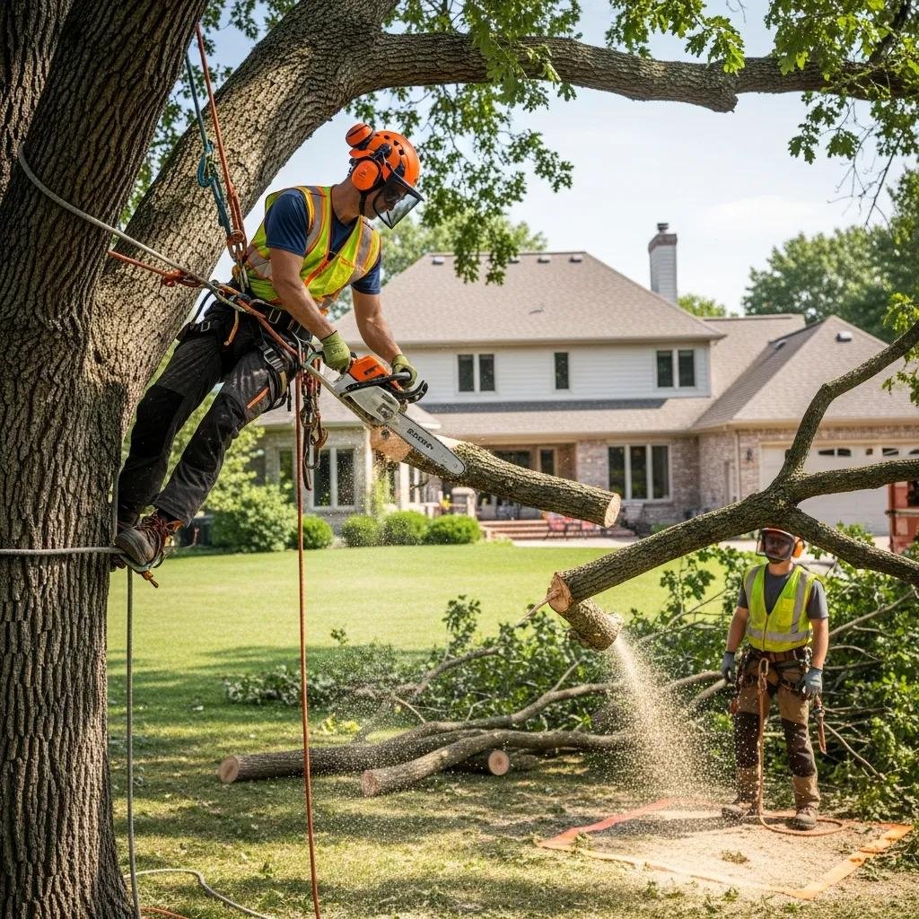 Certified arborist safely removing a hazardous tree from a property
