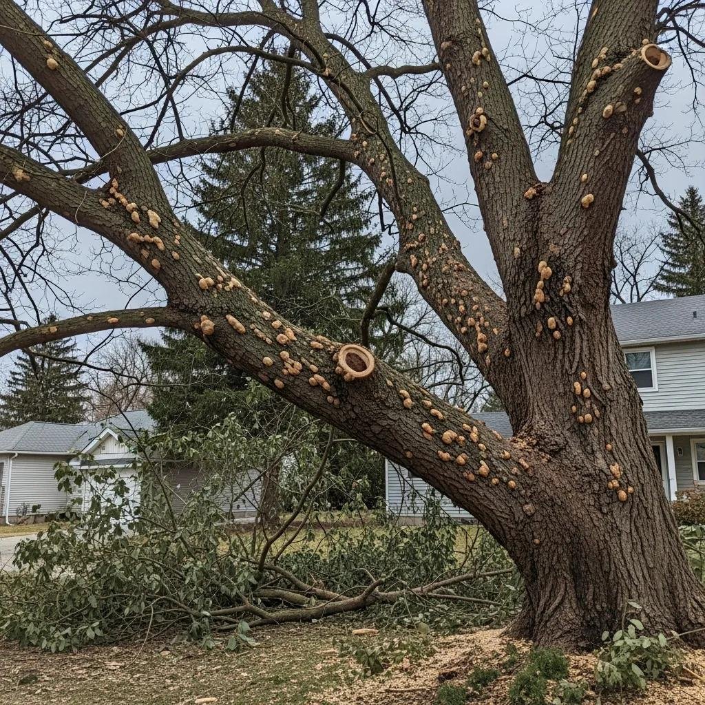Close-up of a hazardous tree in Ocala showing signs of disease and recent pruning, emphasizing the need for professional tree removal services.