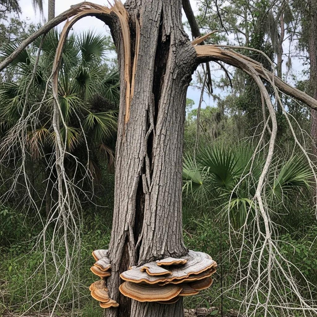 Close-up of a hazardous tree showing a cracked trunk, dead branches, and fungal growth at the base, indicating significant health issues and structural instability.