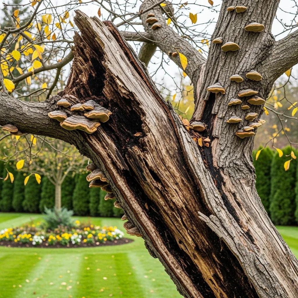 Close-up of a decaying tree with visible signs of decay, leaning trunk, and fungal growth, set in a well-maintained residential yard with flower beds, illustrating hazardous tree conditions relevant to tree safety assessments.