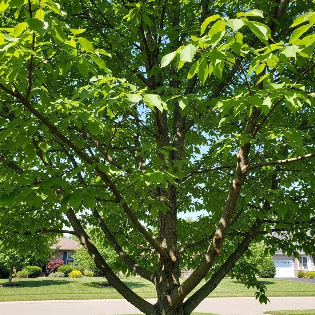 Close-up of a healthy tree with vibrant green leaves and well-pruned branches, illustrating the benefits of expert tree pruning for enhanced vitality and longevity in landscaping.