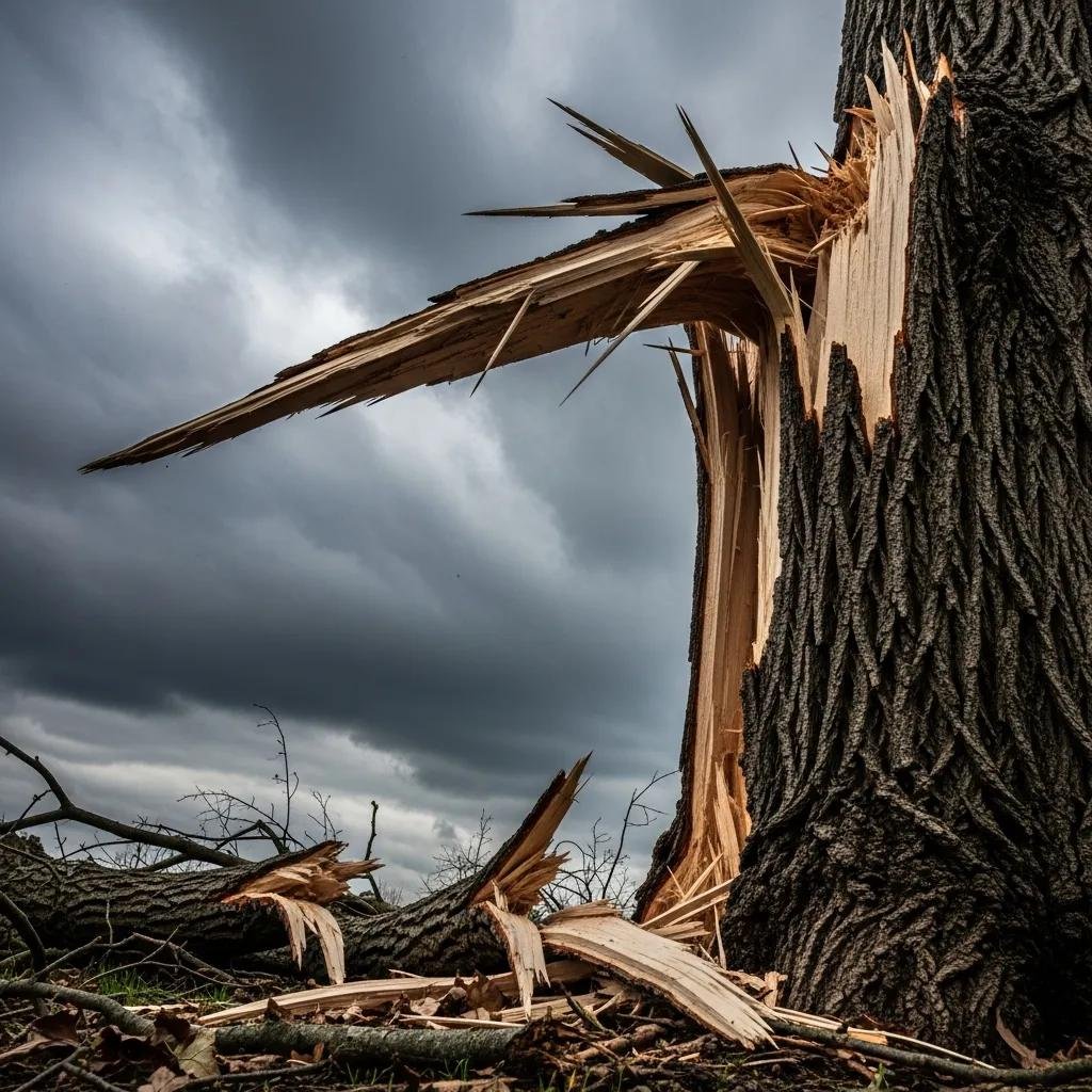 Close-up of a storm-damaged tree with broken branches and cracks, illustrating the effects of severe weather