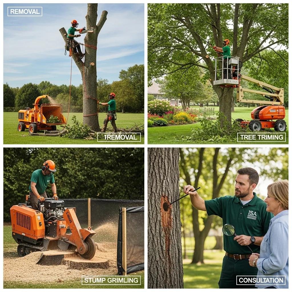 Collage of ISA Certified Arborist services including tree removal and trimming