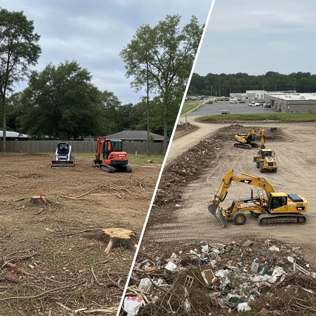 Comparison of residential and commercial lot clearing services in Ocala, Florida, featuring machinery on cleared land with visible tree stumps and debris.