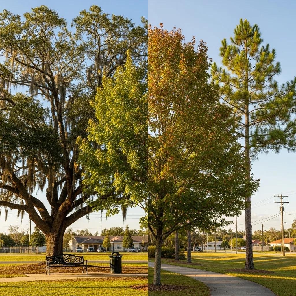 Diverse tree species in Ocala, including a live oak with Spanish moss and a pine tree, showcasing the importance of crown reduction for tree health and safety.