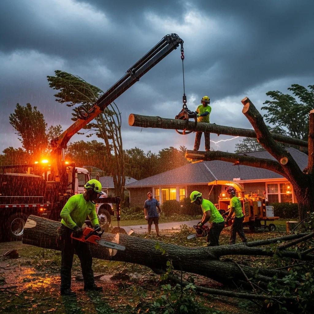 Emergency tree service team clearing storm damage in Marion Oaks, workers using chainsaws and crane, rain and dark clouds, residential setting with damaged trees.