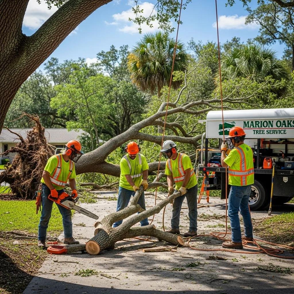 Emergency tree service team in Marion Oaks, Florida, using chainsaws and safety gear to remove storm-damaged trees from a residential area.