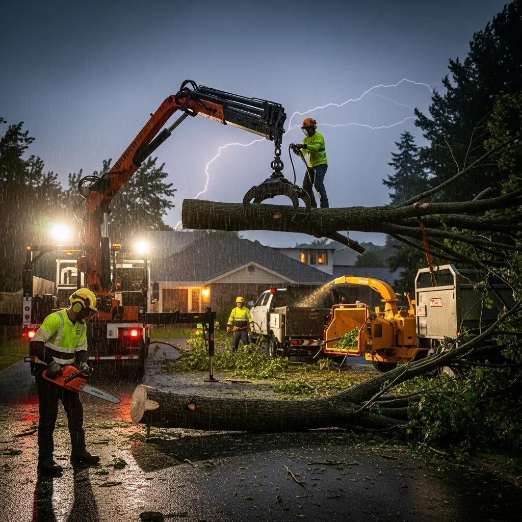 Emergency tree service team removing fallen tree from driveway during storm, featuring workers in safety gear, heavy machinery, and rain, highlighting urgent tree removal in Silver Springs Shores.