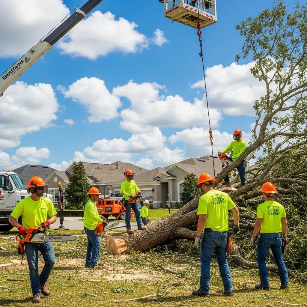 Emergency tree service team removing a fallen tree in Belleview, Florida, with chainsaws and equipment, showcasing teamwork and safety gear.