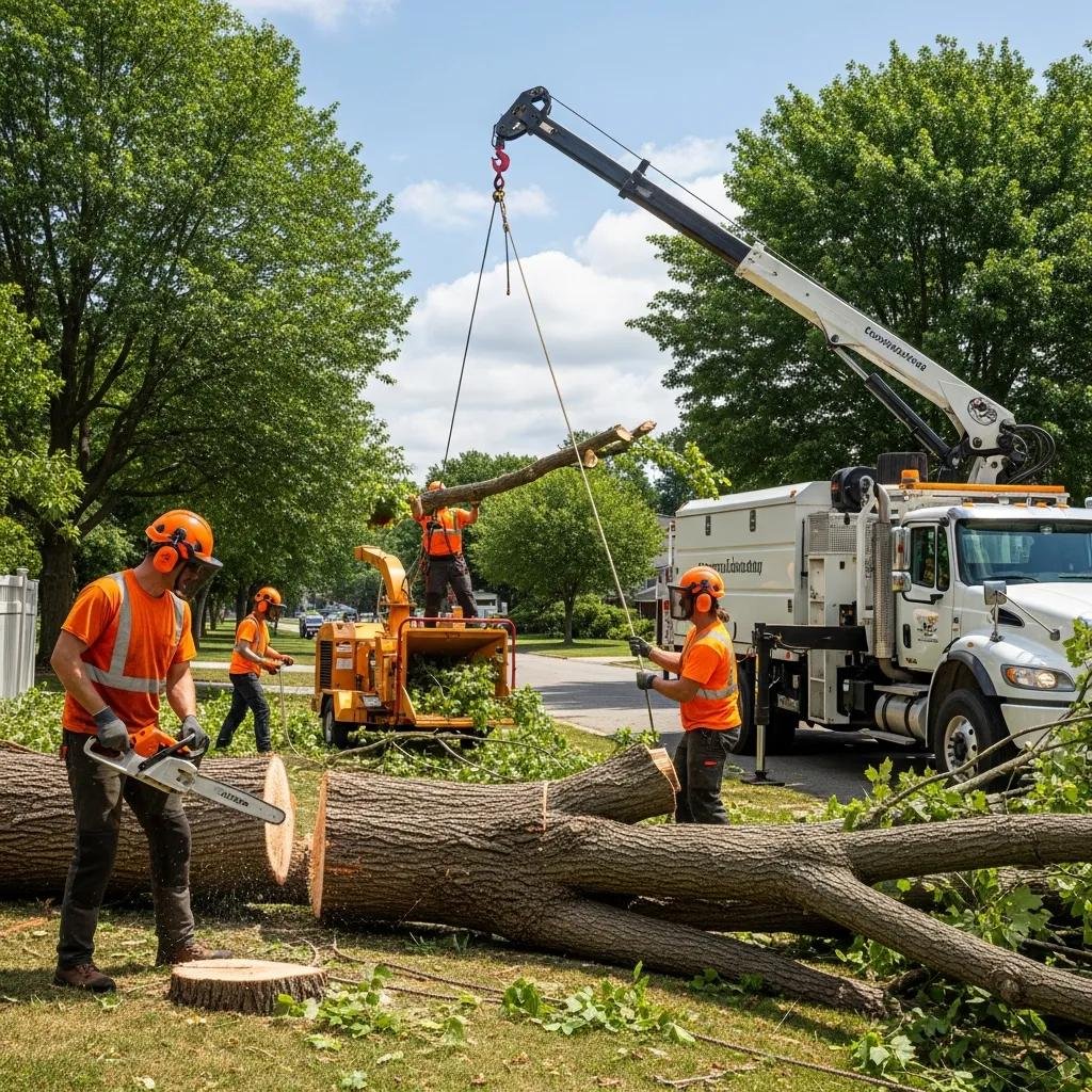 Emergency tree service team removing a fallen tree in Summerfield, Florida, using chainsaws and a crane, with wood chipper and truck on site.