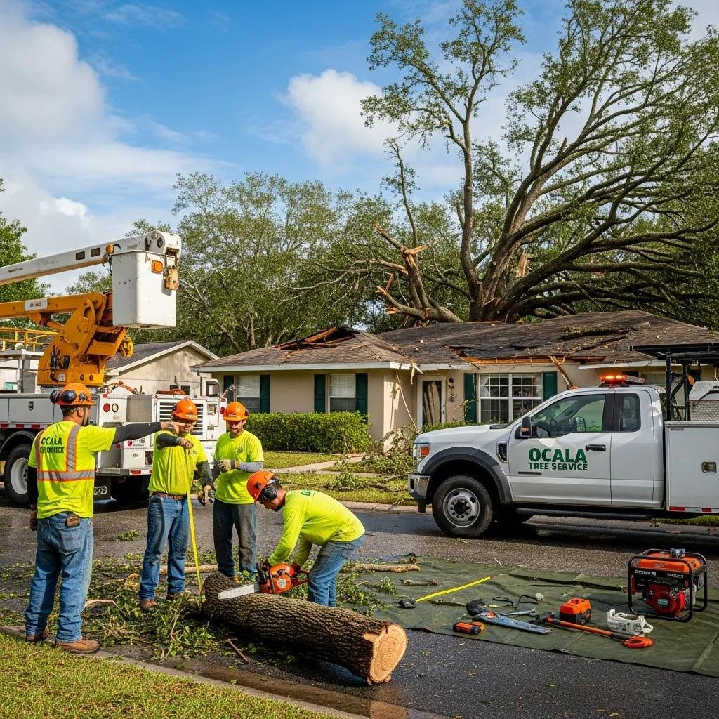 Emergency tree service team from Ocala Tree Service responding to storm damage, using equipment like a chainsaw and bucket truck, with a fallen tree on a house in Ocala, Florida.