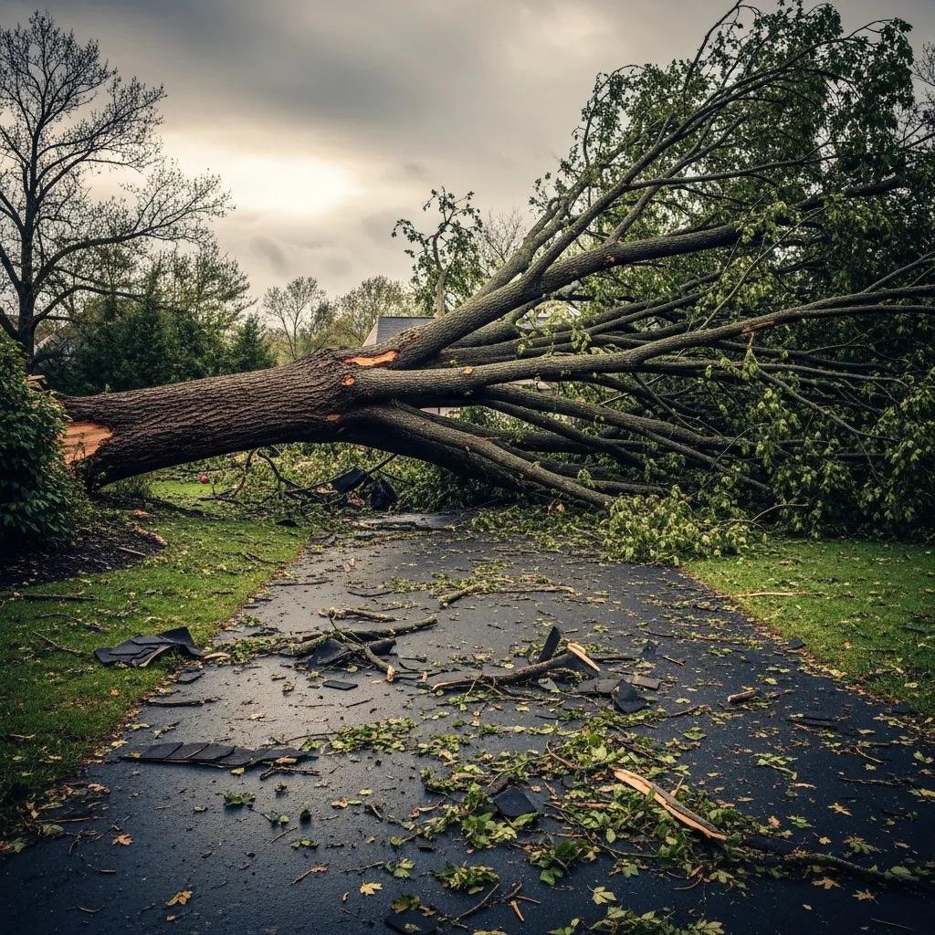 Fallen tree blocking driveway after storm in Belleview, Florida, surrounded by debris and damaged landscape.